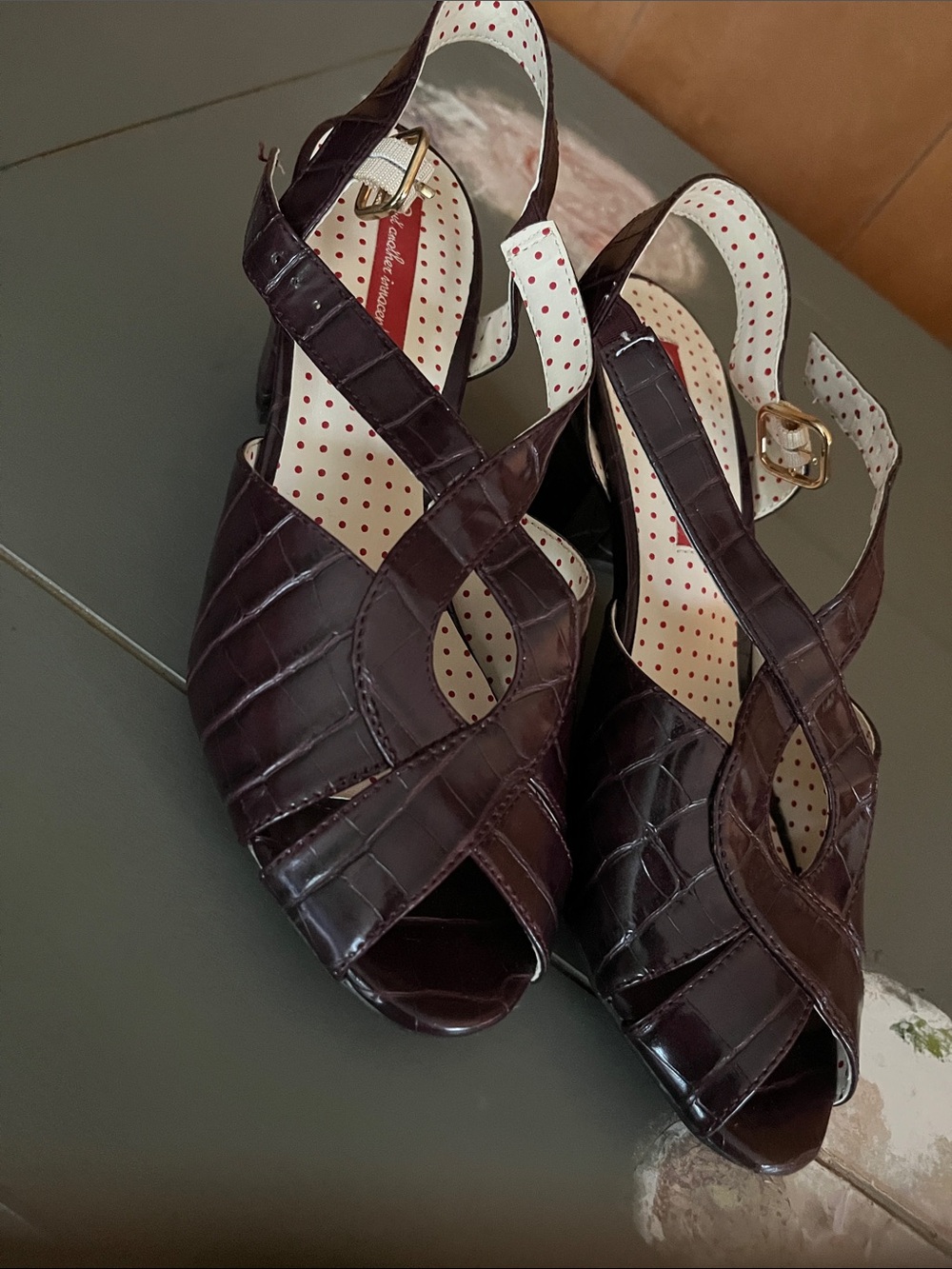 Patent Croc-Embossed Peep-Toe Slingback Heels in Dark Burgundy - Picture 11 of 11